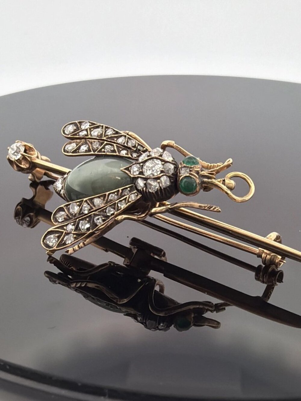 Antique Victorian Bee Brooch 14K Gold & Silver Diamond Emerald Cats Eye Quartz - Picture 6 of 13